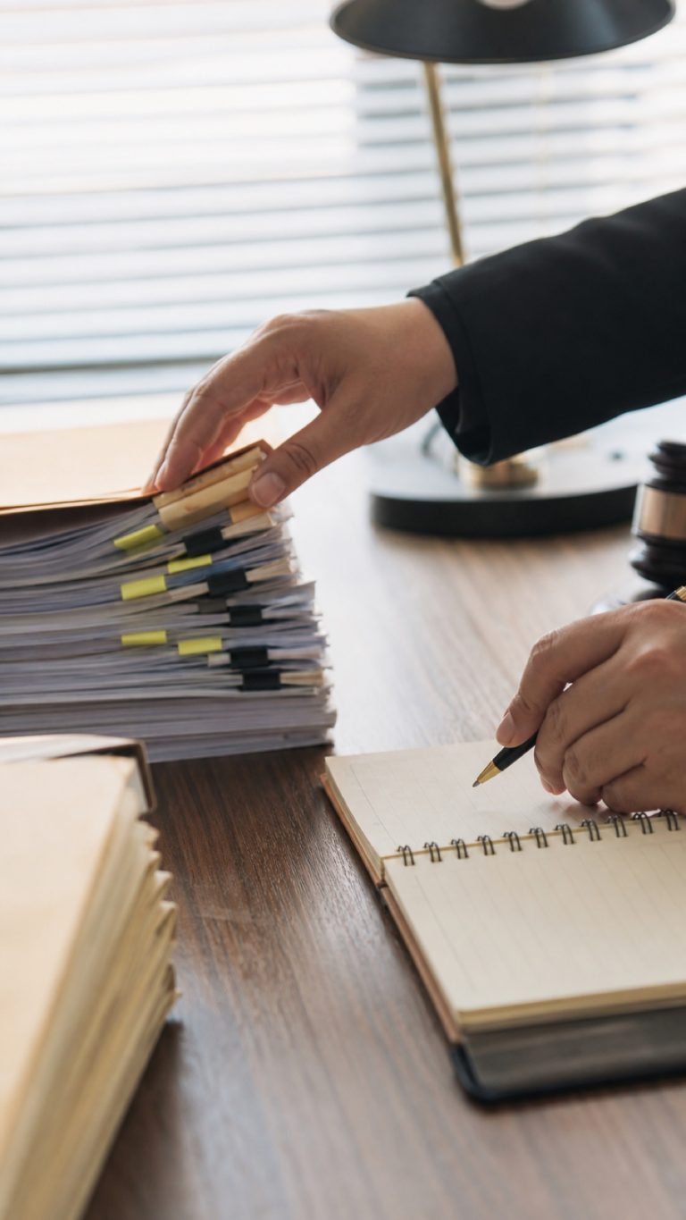 Persona che ordina documenti e scrive una cronologia