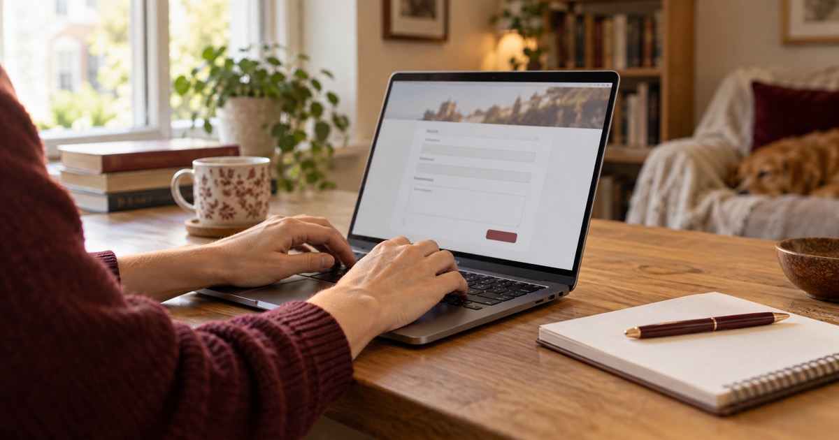 Mani che compilano una domanda online al computer