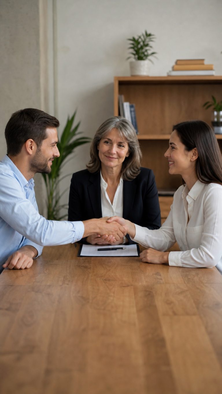 Due persone che raggiungono un accordo con un facilitatore