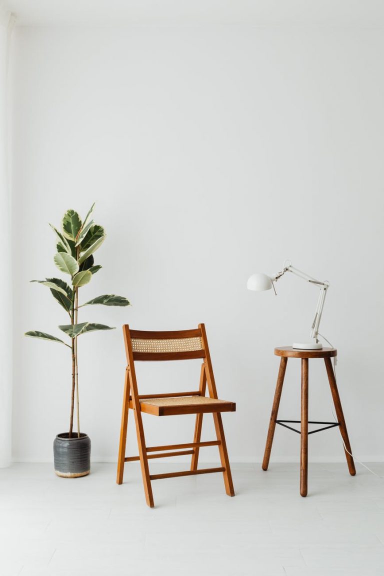 brown wooden chair between potted green plant and stool