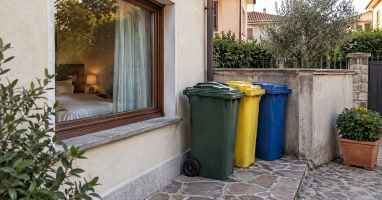 Bidoni della raccolta differenziata collocati accanto a una finestra di camera