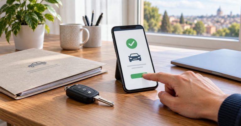 Pagamento del bollo auto su smartphone accanto a chiavi e documenti del veicolo