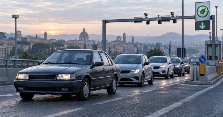 Automobili di diverse generazioni in coda a un varco ambientale urbano