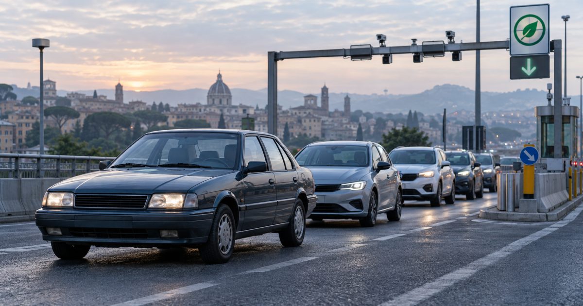 Automobili di diverse generazioni in coda a un varco ambientale urbano