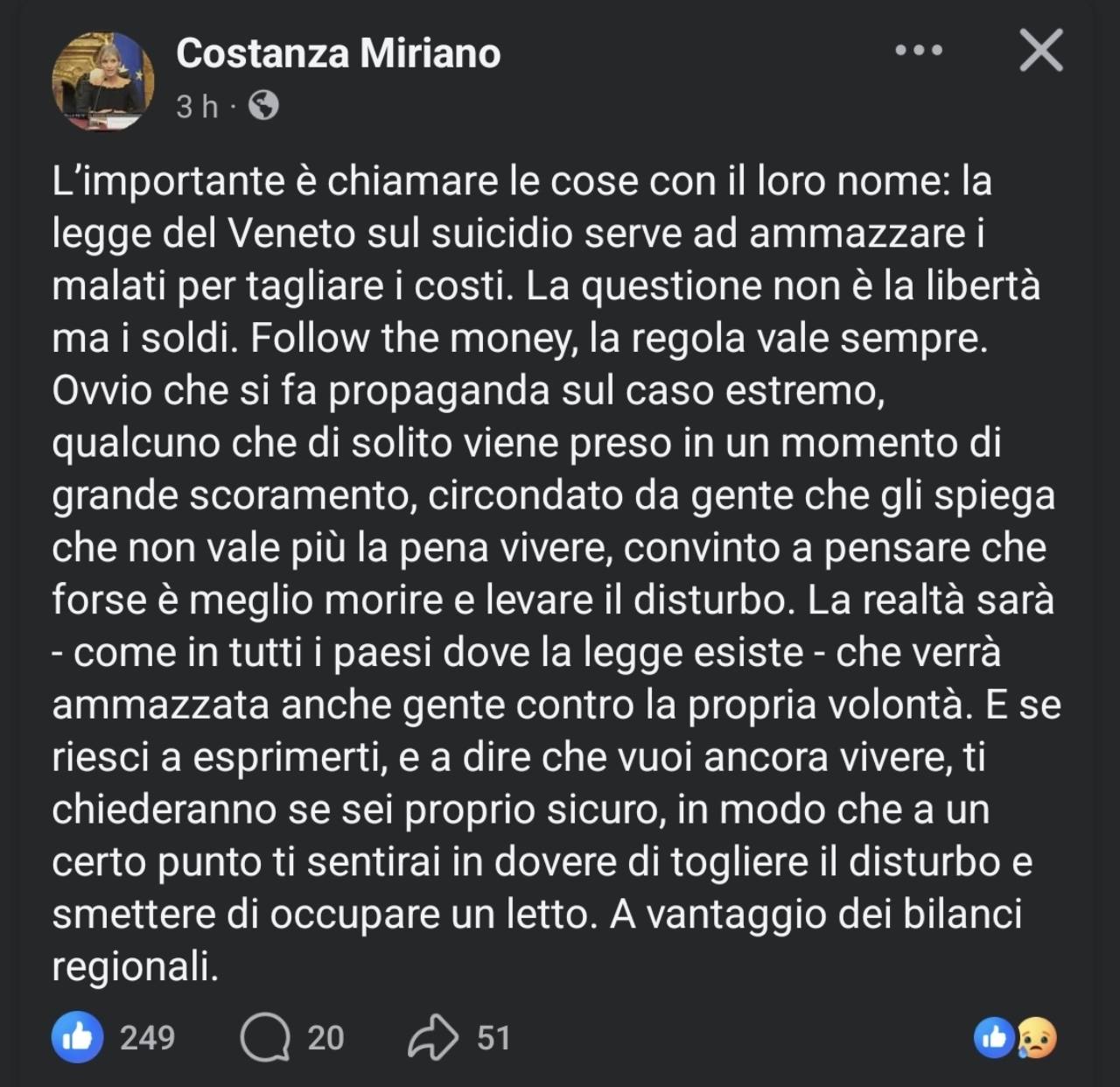 Post di Costanza Miriano sulla legge del Veneto in materia di suicidio medicalmente assistito
