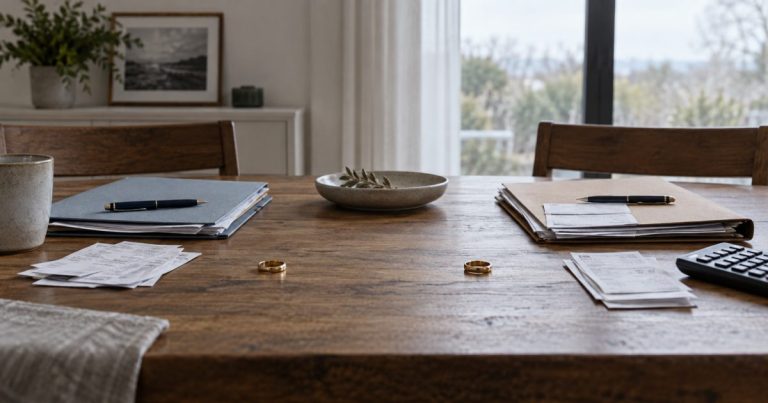 Due fedi separate tra documenti e conti domestici divisi sul tavolo