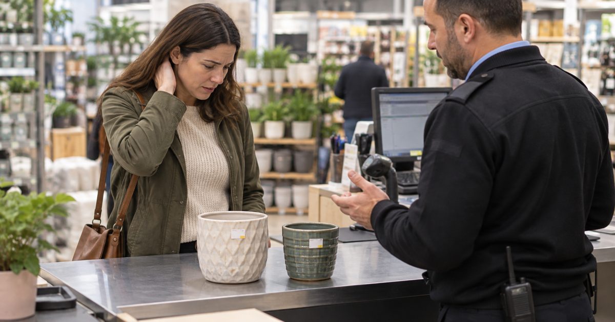Cliente fermata alla cassa con due vasi recanti etichette dei prezzi scambiate
