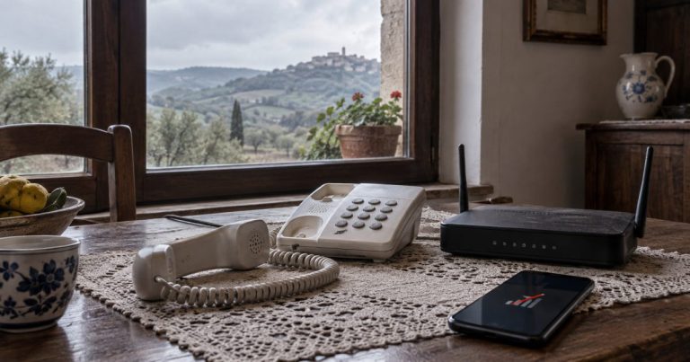 Telefono fisso, router spento e smartphone senza segnale in una casa isolata