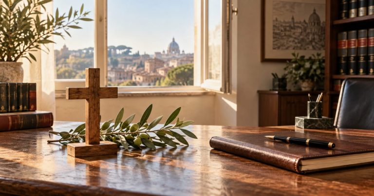 Croce in legno e ramo d’ulivo su una scrivania di studio