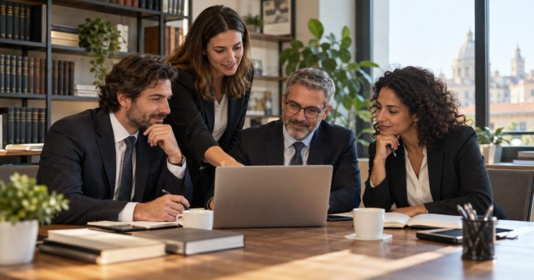 Gruppo di avvocati riunito intorno a un computer portatile per un confronto professionale