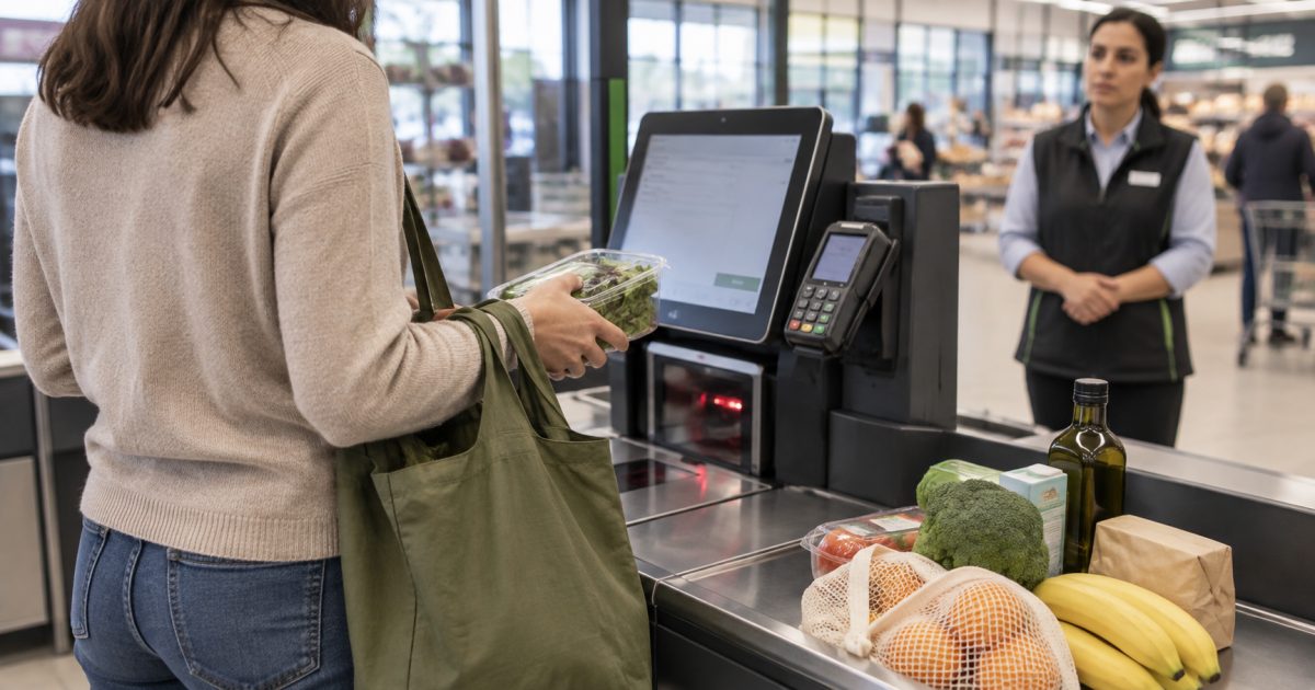 Cliente alla cassa automatica osservata da un’addetta del supermercato