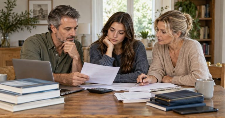 Due genitori e una studentessa esaminano documenti e costi dell’università