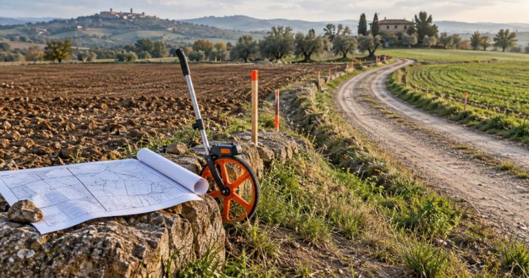 Strada vicinale tra terreni agricoli con mappa catastale e strumenti di misurazione