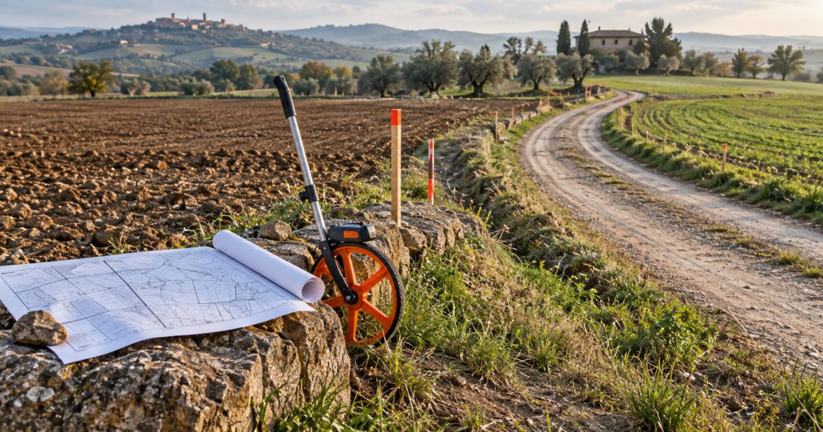 Strada vicinale tra terreni agricoli con mappa catastale e strumenti di misurazione