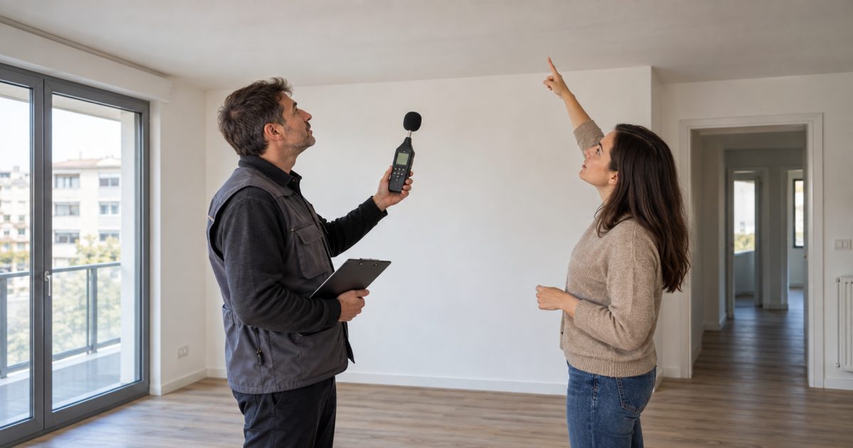 Tecnico misura i rumori mentre la proprietaria indica il soffitto dell’appartamento
